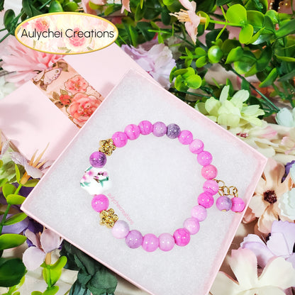 Pink Cherry Blossom Ceramic Flower Bead Bracelet