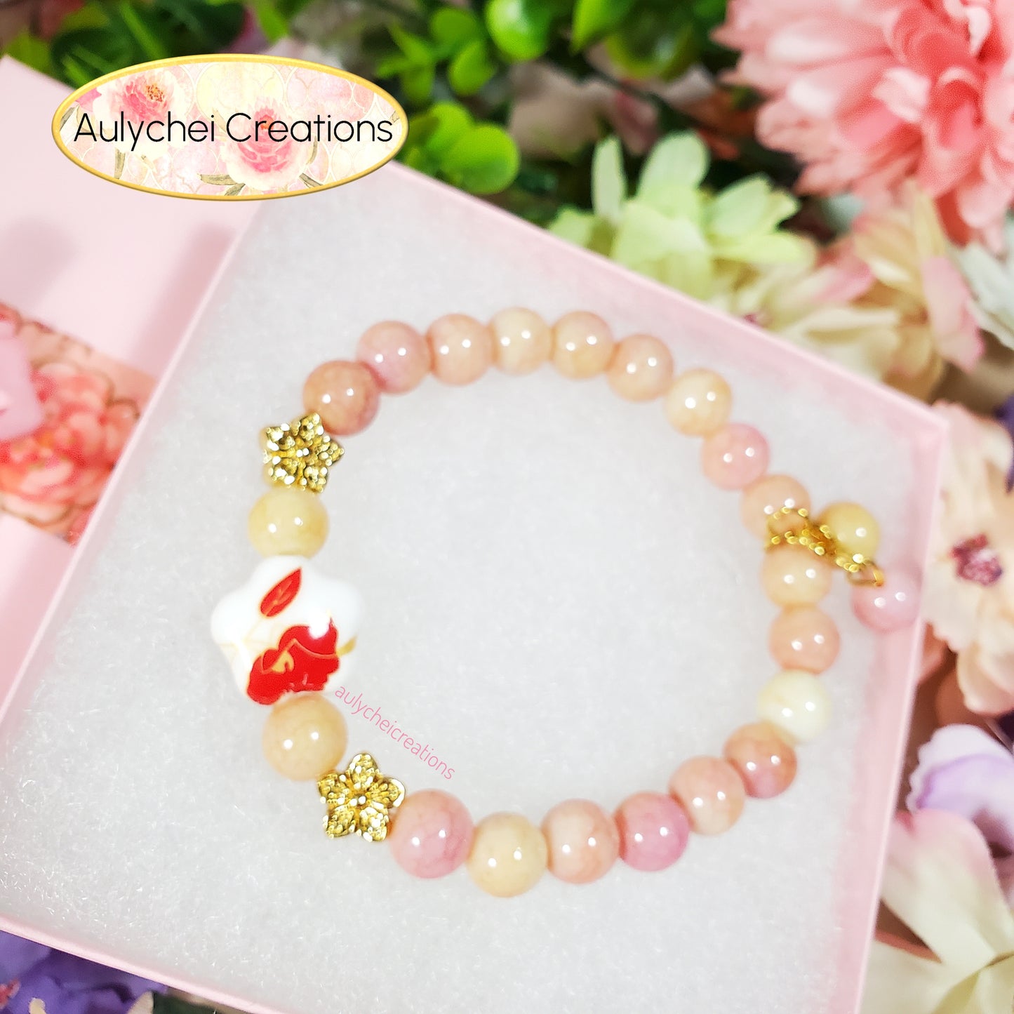 Red Ceramic Flower Bead Bracelet