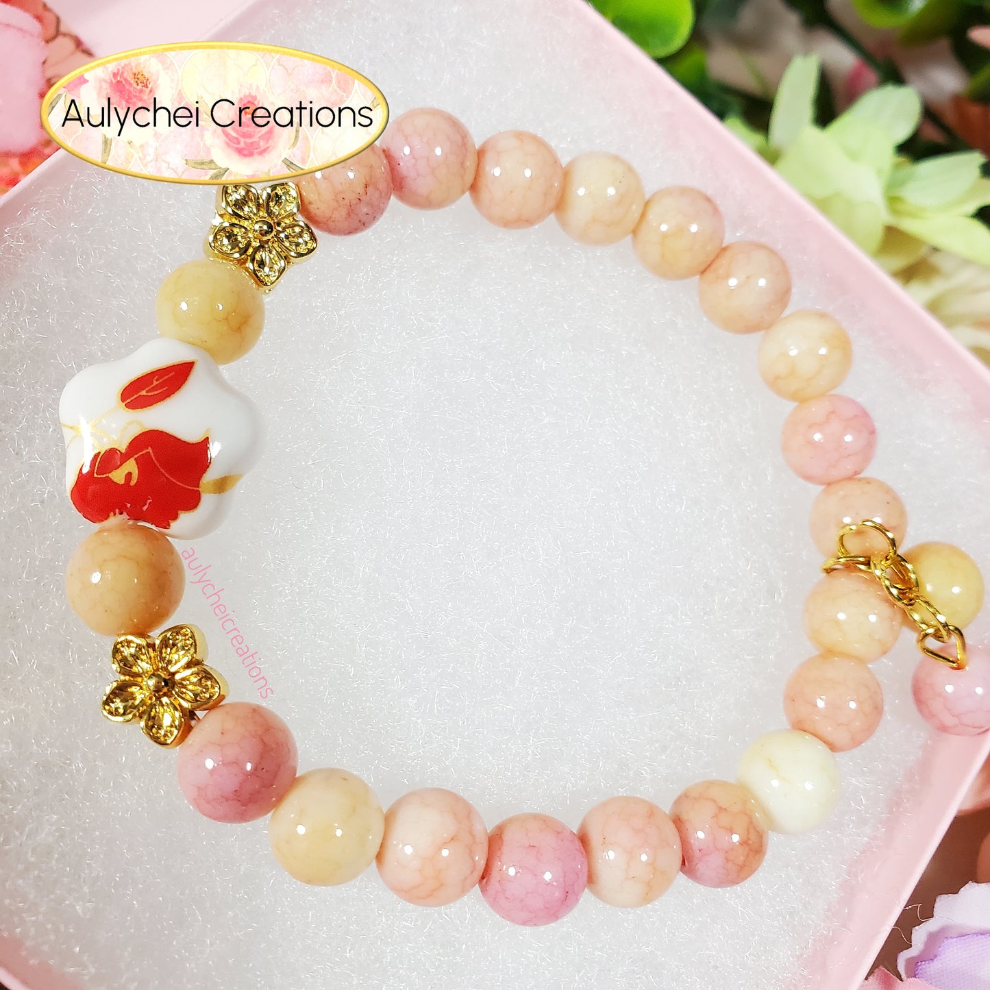 Red Ceramic Flower Bead Bracelet