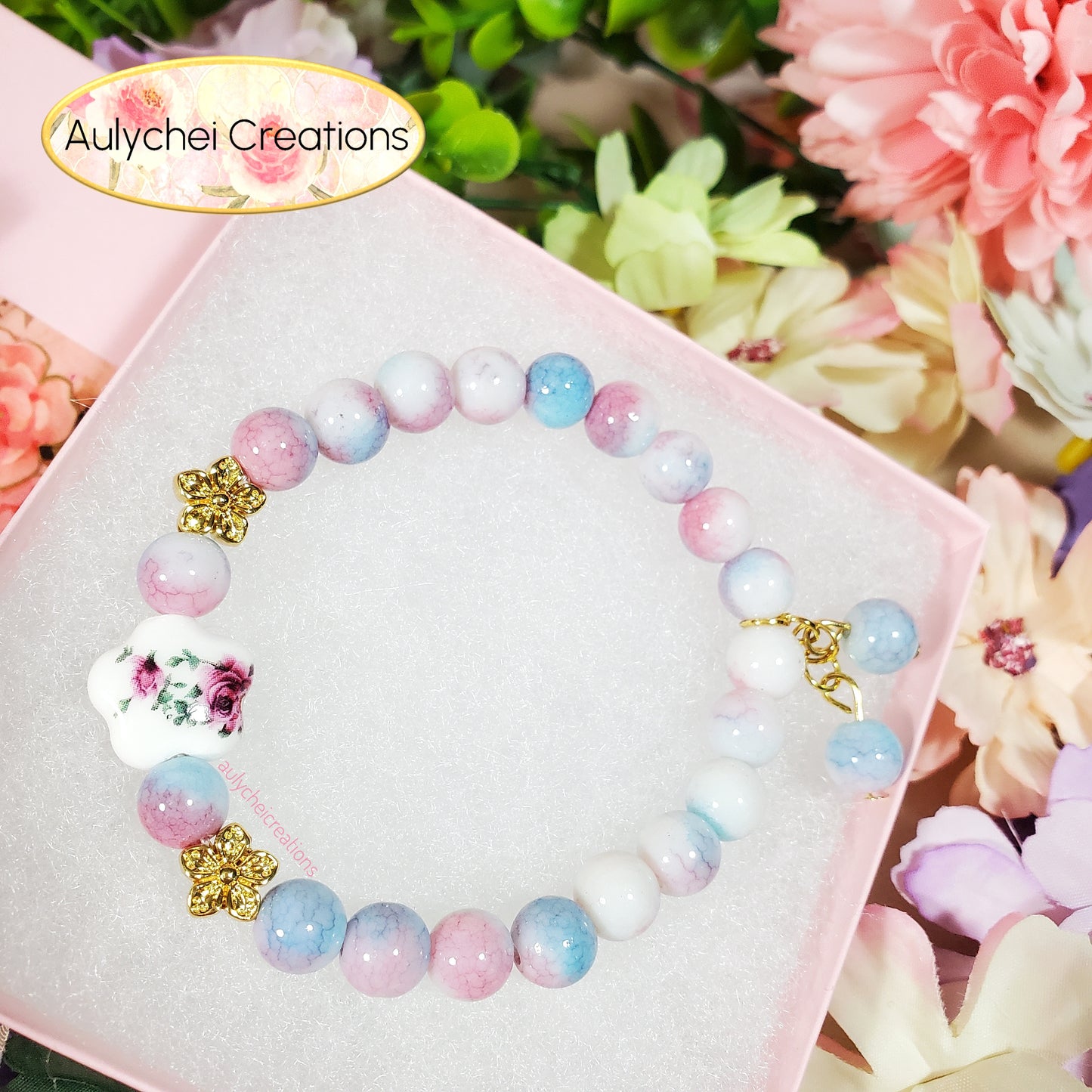Rose Ceramic Flower Bead Bracelet