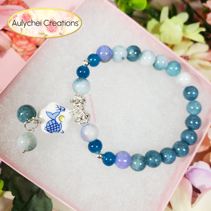 Blue Goldfish Ceramic Flower Bead Bracelet