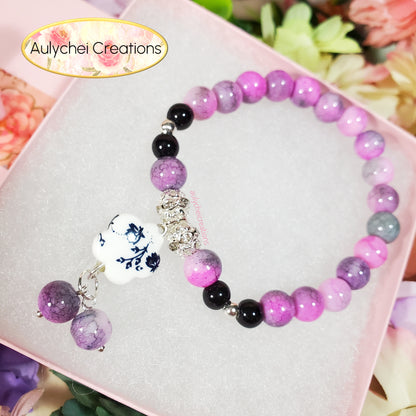 Dark Purple Ceramic Flower Bead Bracelet
