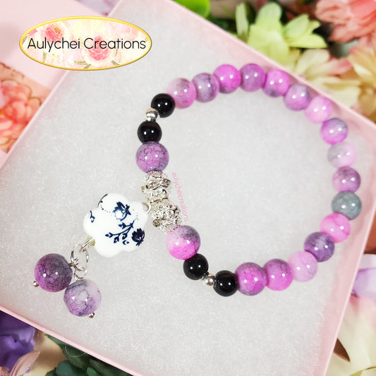 Dark Purple Ceramic Flower Bead Bracelet