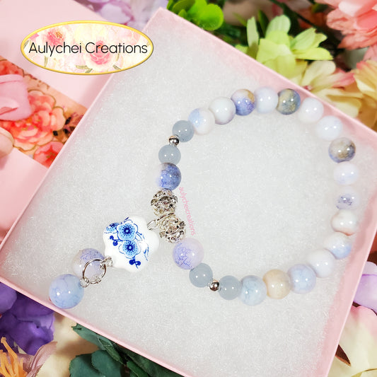 Blue Porcelain Ceramic Flower Bead Bracelet