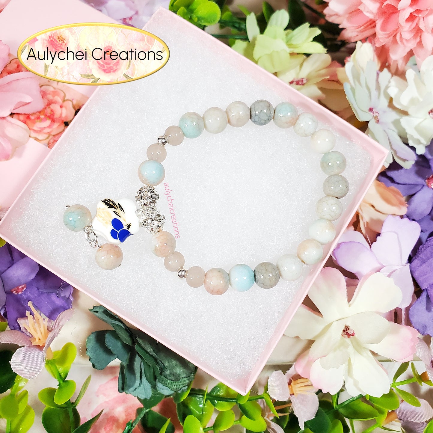 Blue Ceramic Flower Bead Bracelet