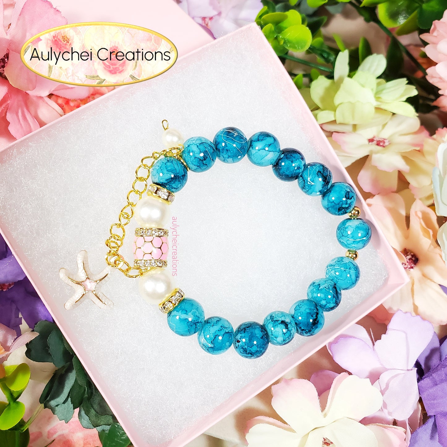 Teal Ocean Beaded Starfish Charm Bracelet