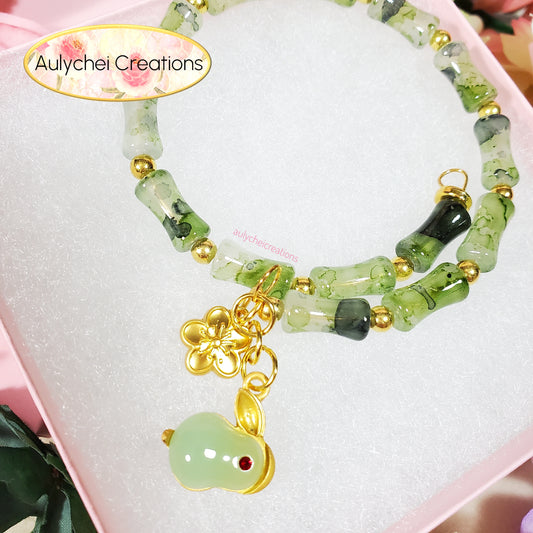 Green Bamboo Glass Bead Bracelet Jade Rabbit