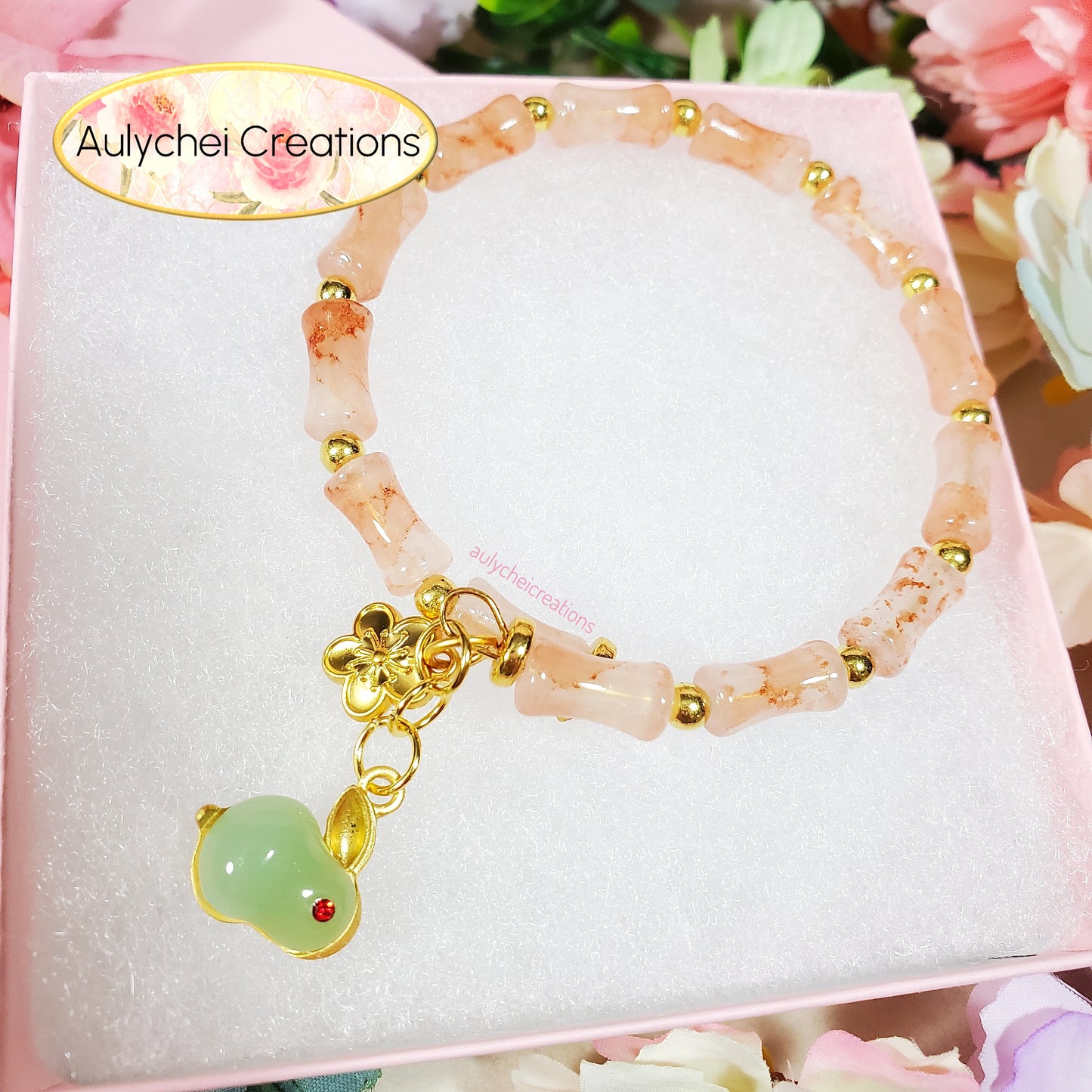 Peach Bamboo Glass Bead Bracelet Jade Rabbit