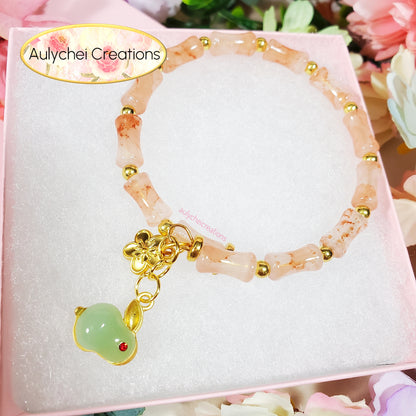 Peach Bamboo Glass Bead Bracelet Jade Rabbit