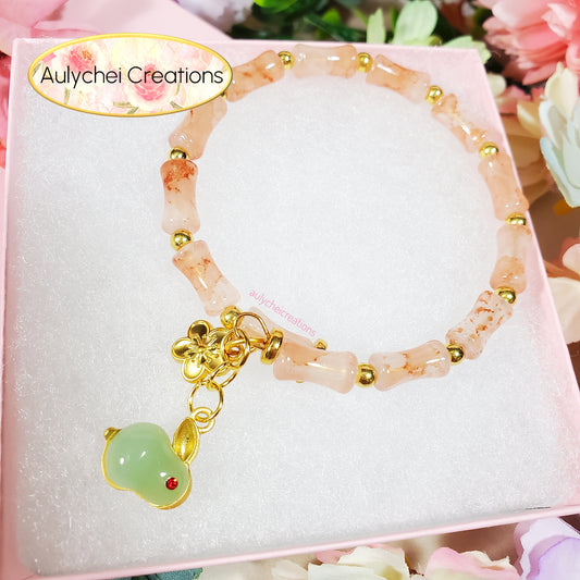 Peach Bamboo Glass Bead Bracelet Jade Rabbit