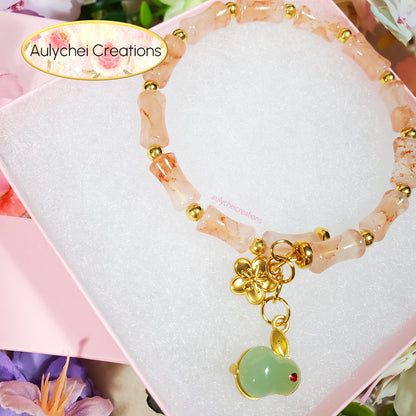 Peach Bamboo Glass Bead Bracelet Jade Rabbit