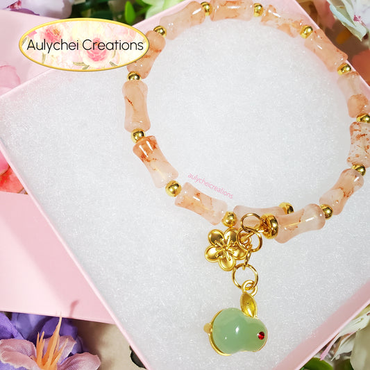 Peach Bamboo Glass Bead Bracelet Jade Rabbit