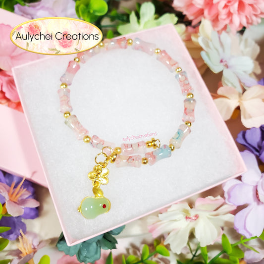 Pink Bamboo Glass Bead Bracelet Jade Rabbit