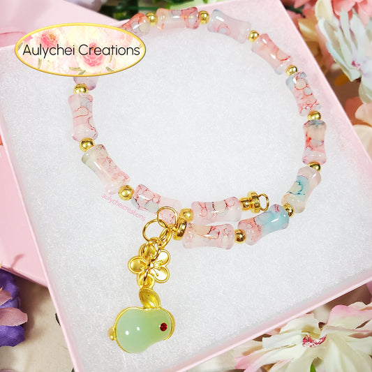 Pink Bamboo Glass Bead Bracelet Jade Rabbit