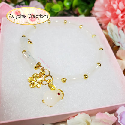 White Bamboo Glass Bead Bracelet Jade Rabbit