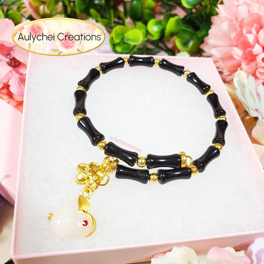 Black Bamboo Glass Bead Bracelet Jade Rabbit