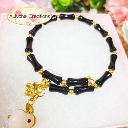 Black Bamboo Glass Bead Bracelet Jade Rabbit