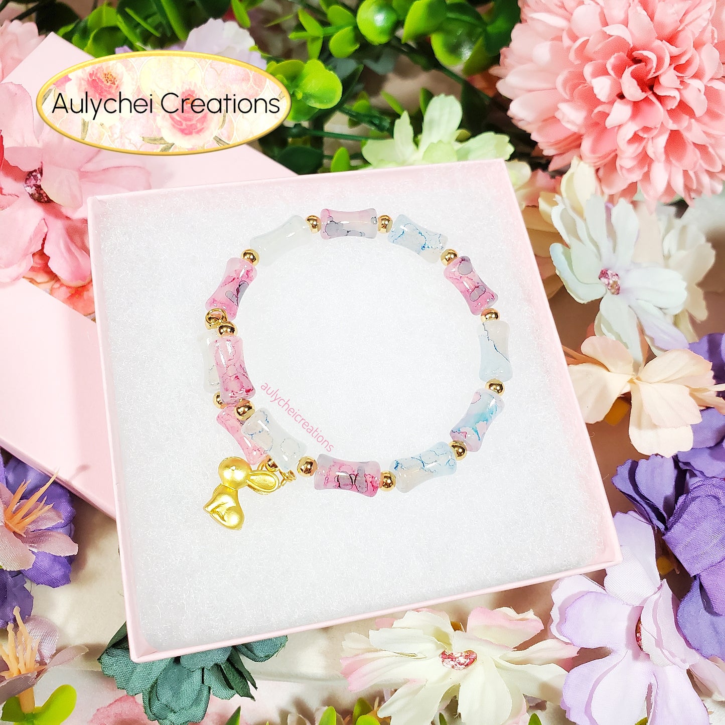 Pink-Blue Bamboo Glass Bead Wrap Bracelet Gold Bunny