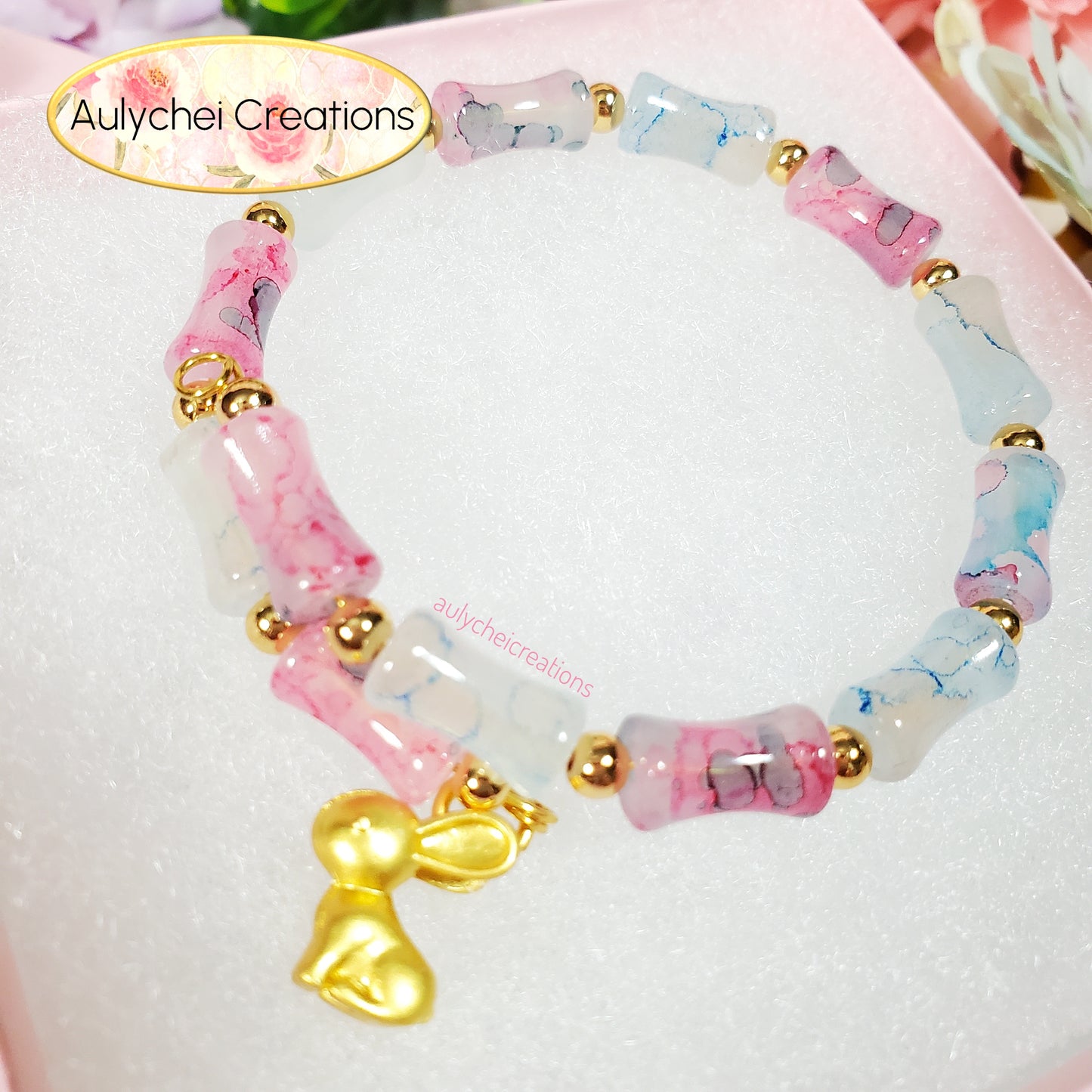 Pink-Blue Bamboo Glass Bead Wrap Bracelet Gold Bunny