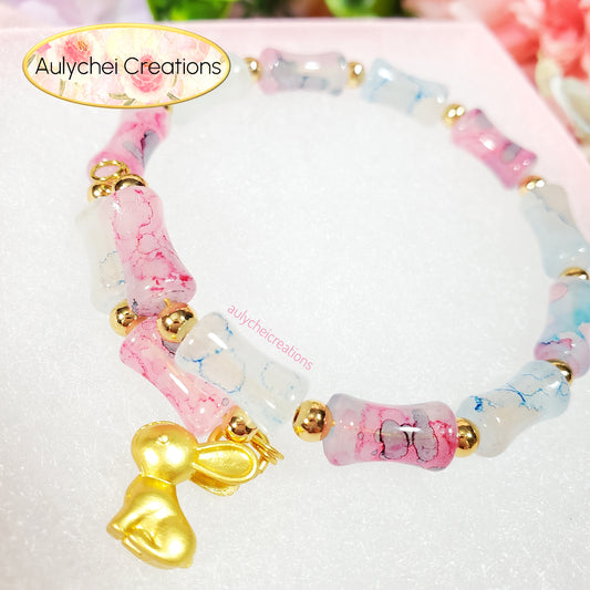 Pink-Blue Bamboo Glass Bead Wrap Bracelet Gold Bunny