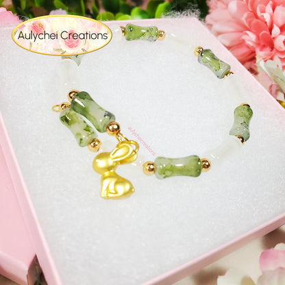 Green Bamboo Glass Bead Wrap Bracelet Gold Bunny