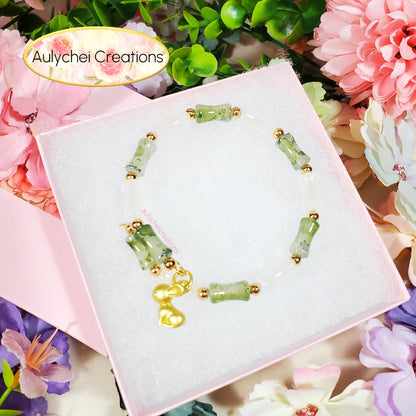 Green Bamboo Glass Bead Wrap Bracelet Gold Bunny