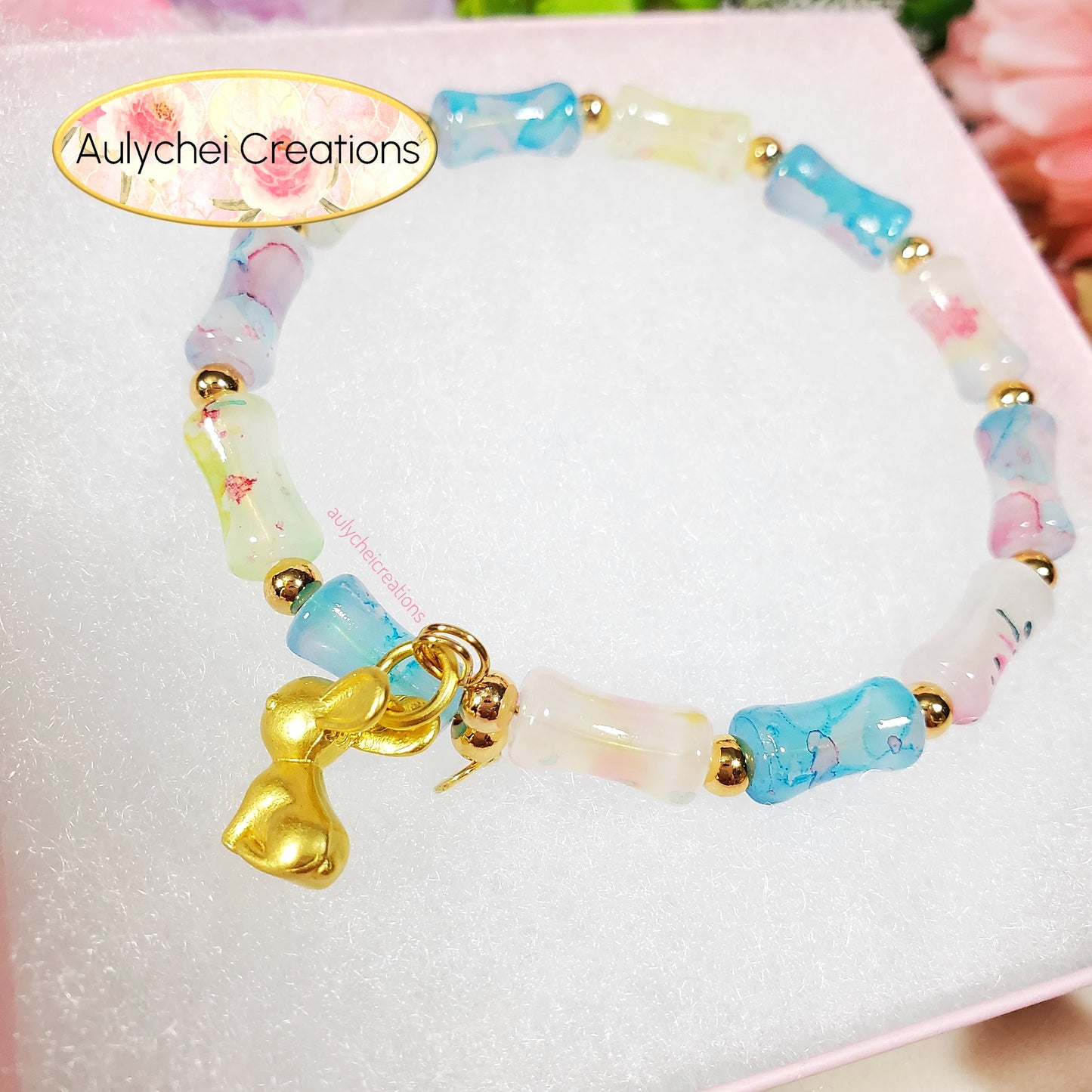 Rainbow Bamboo Glass Bead Wrap Bracelet Gold Bunny