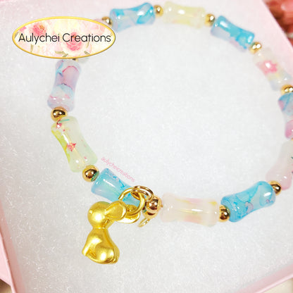 Rainbow Bamboo Glass Bead Wrap Bracelet Gold Bunny