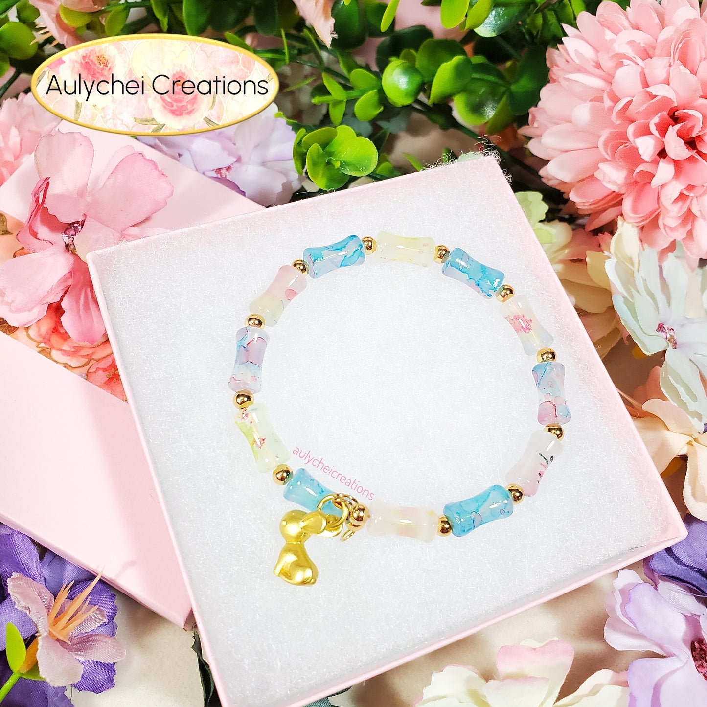 Rainbow Bamboo Glass Bead Wrap Bracelet Gold Bunny