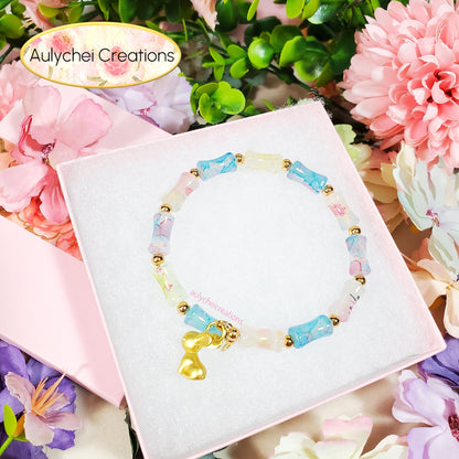 Rainbow Bamboo Glass Bead Wrap Bracelet Gold Bunny