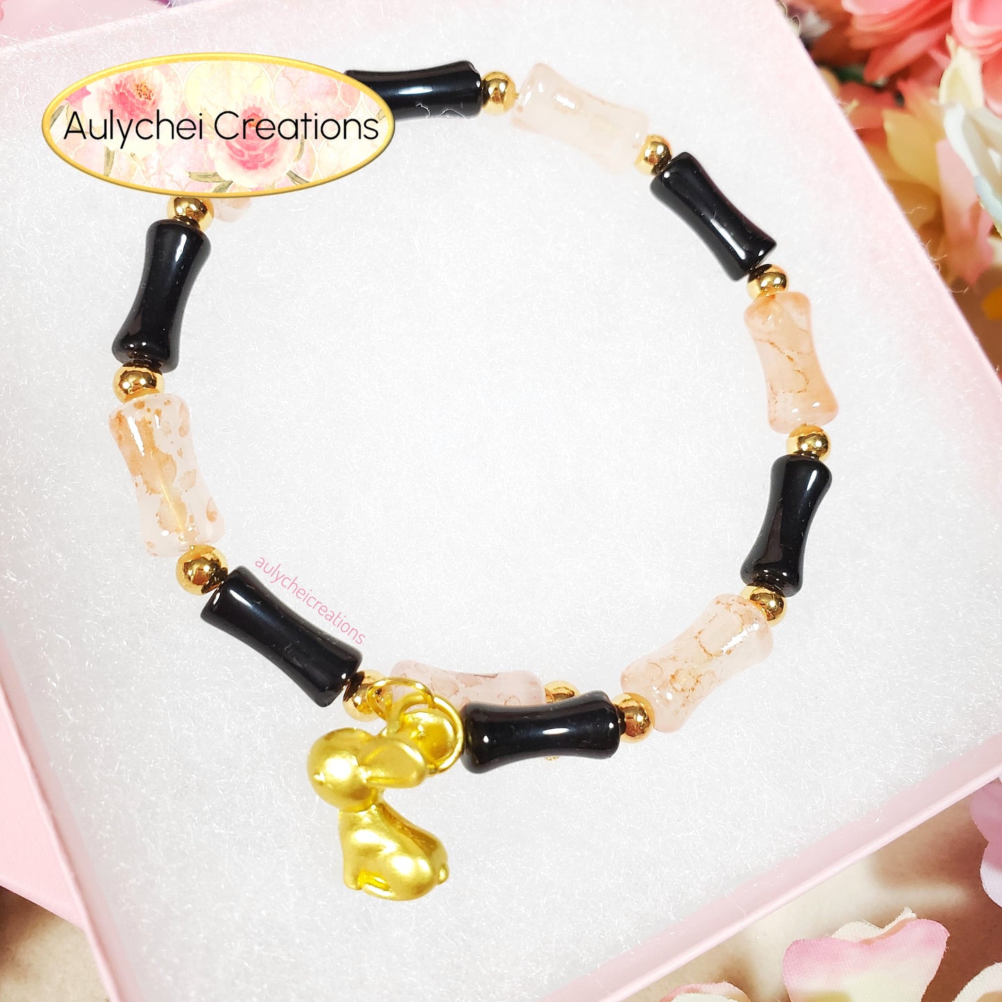 Black Bamboo Glass Bead Wrap Bracelet Gold Bunny