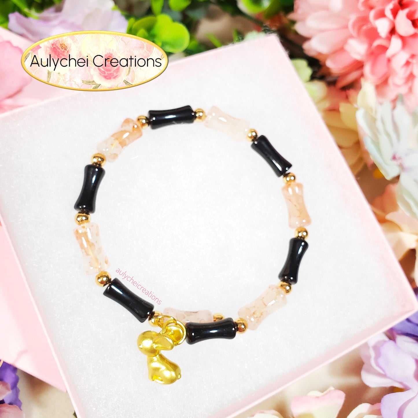 Black Bamboo Glass Bead Wrap Bracelet Gold Bunny