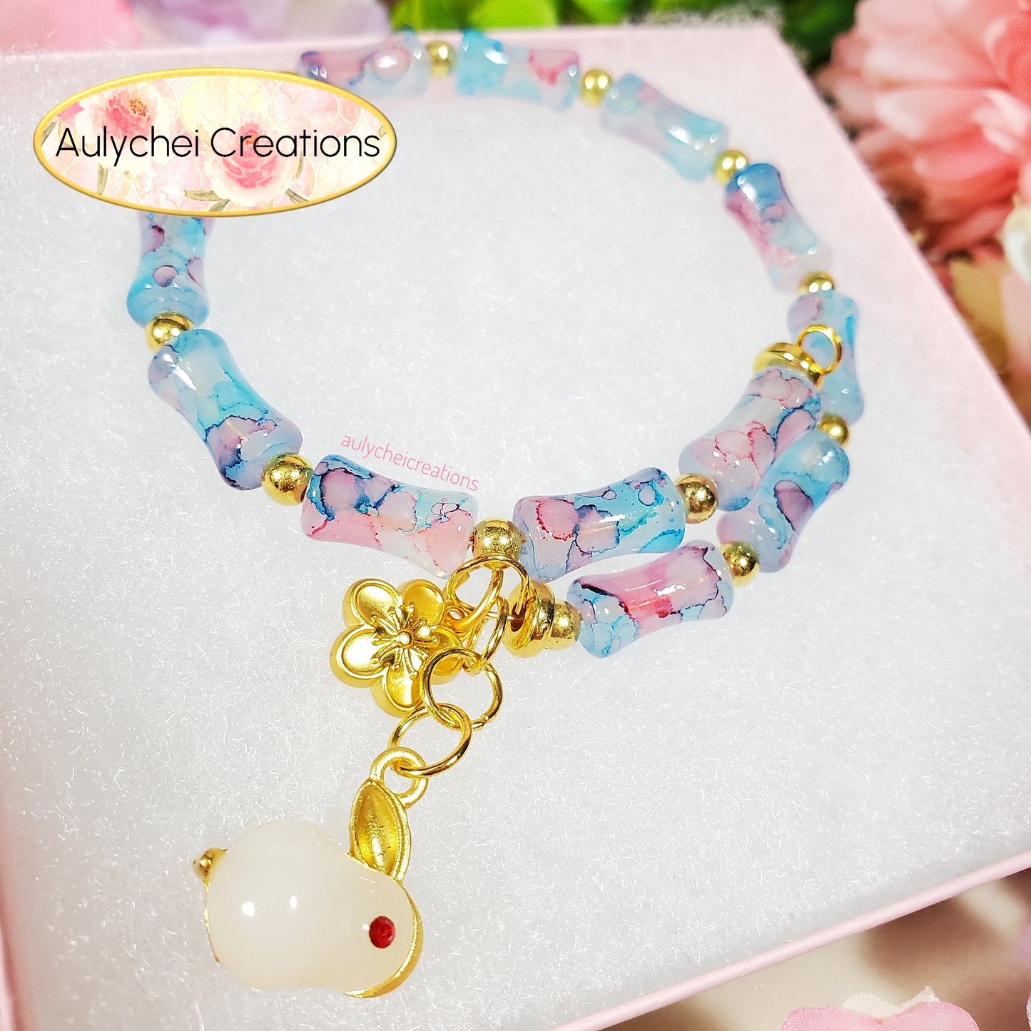 Blue-Pink Bamboo Glass Bead Bracelet Jade Rabbit