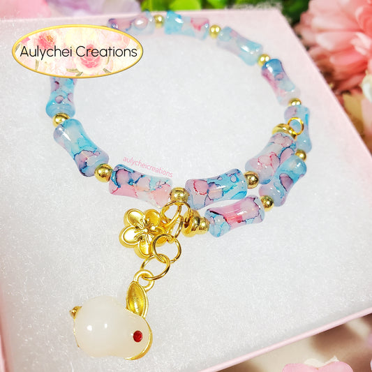 Blue-Pink Bamboo Glass Bead Bracelet Jade Rabbit