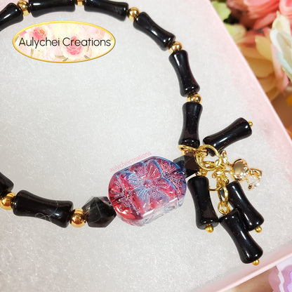 Black Bamboo Glass Bead Bracelet Flower Pendant