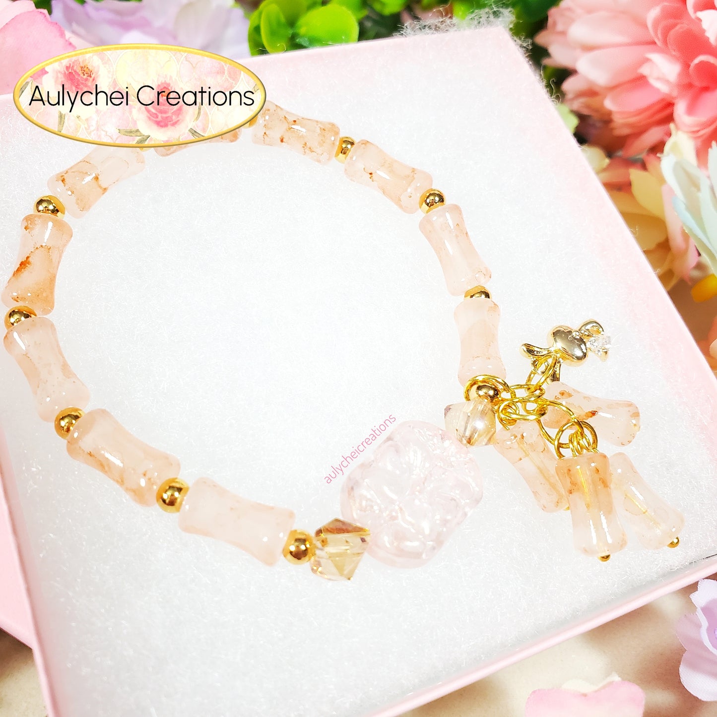 Peach Bamboo Glass Bead Bracelet Flower Pendant