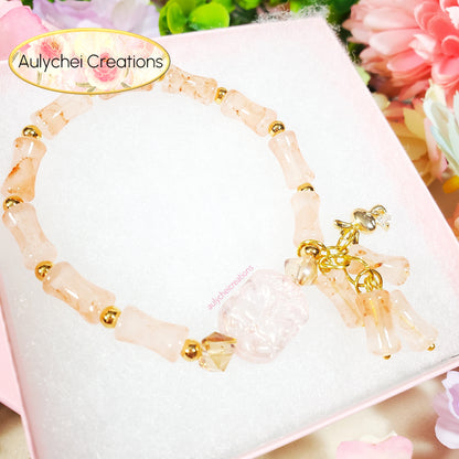 Peach Bamboo Glass Bead Bracelet Flower Pendant