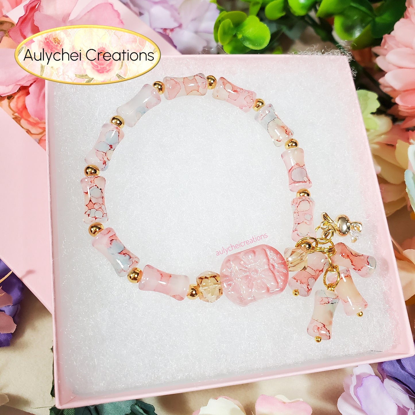 Pink Bamboo Glass Bead Bracelet Flower Pendant