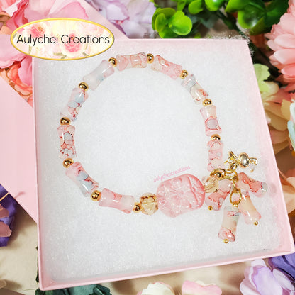 Pink Bamboo Glass Bead Bracelet Flower Pendant