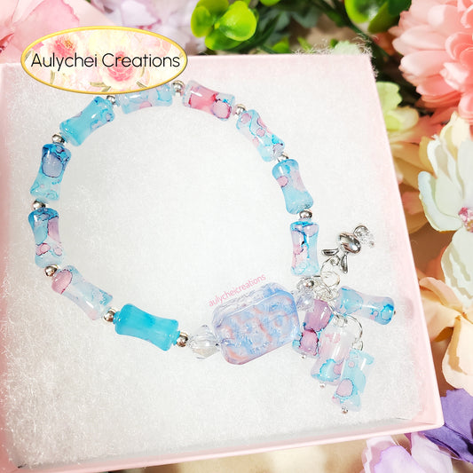 Blue Bamboo Glass Bead Bracelet Flower Pendant