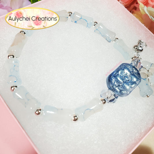 Mix Blue Bamboo Glass Bead Bracelet Flower Pendant