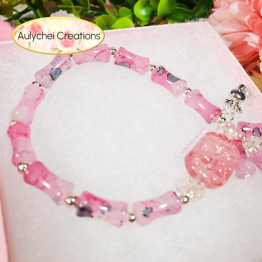 Mix Pink Bamboo Glass Bead Bracelet Flower Pendant