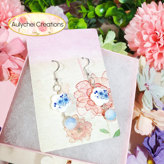 Blue Porcelain Flower Ceramic Dangle Earrings
