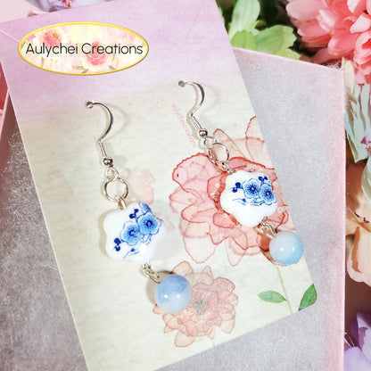 Blue Porcelain Flower Ceramic Dangle Earrings
