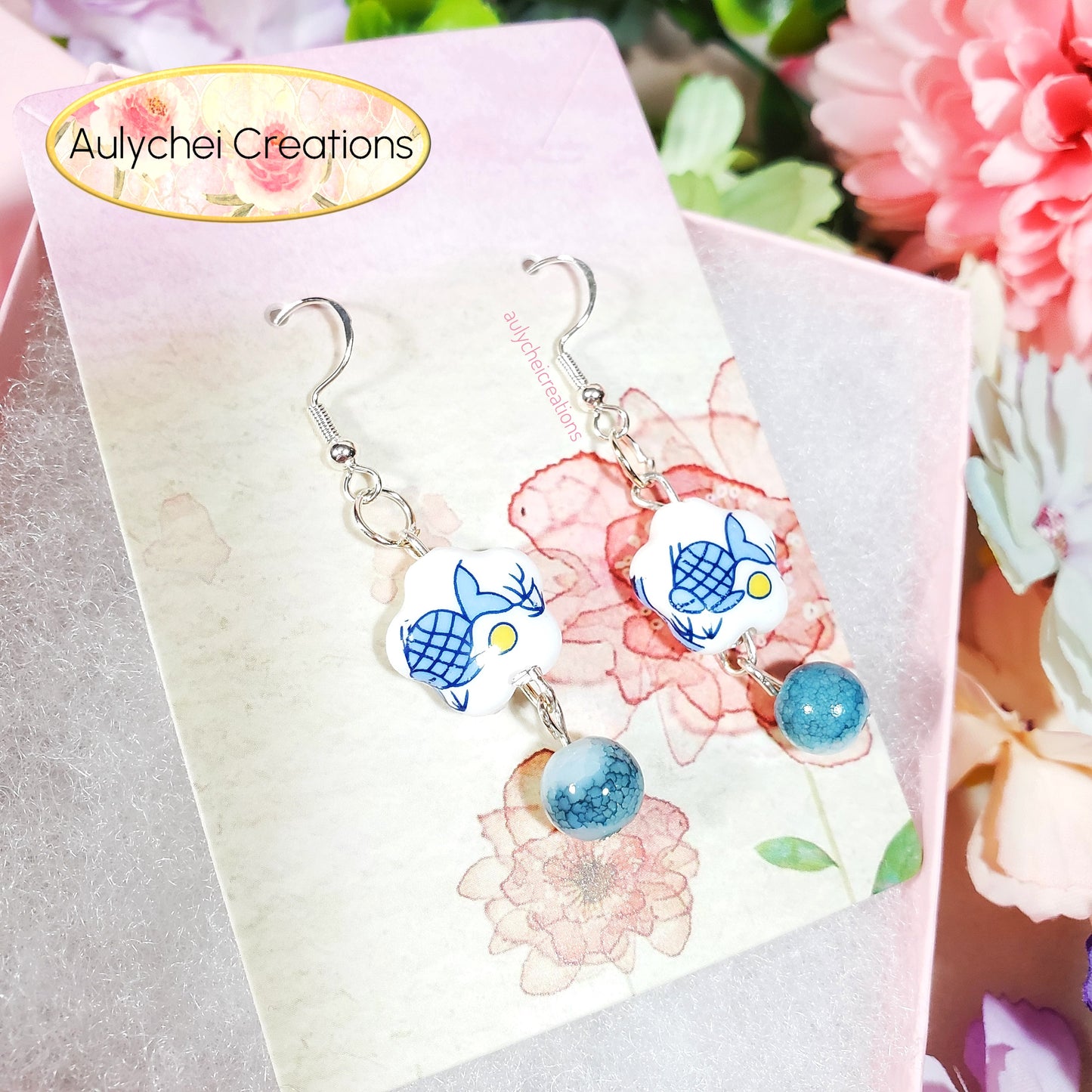 Blue Goldfish Ceramic Dangle Earrings