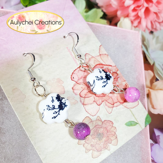 Dark Purple Flower Ceramic Dangle Earrings