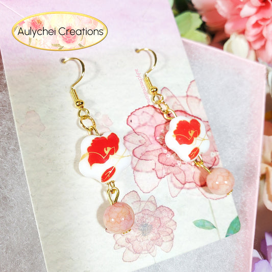 Red Flower Ceramic Dangle Earrings