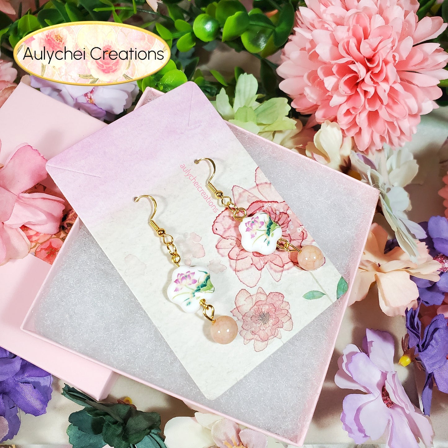 Lotus Flower Ceramic Dangle Earrings