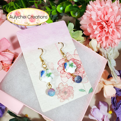 Blue Green Flower Leaf Ceramic Dangle Earrings