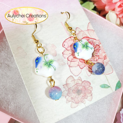 Blue Green Flower Leaf Ceramic Dangle Earrings